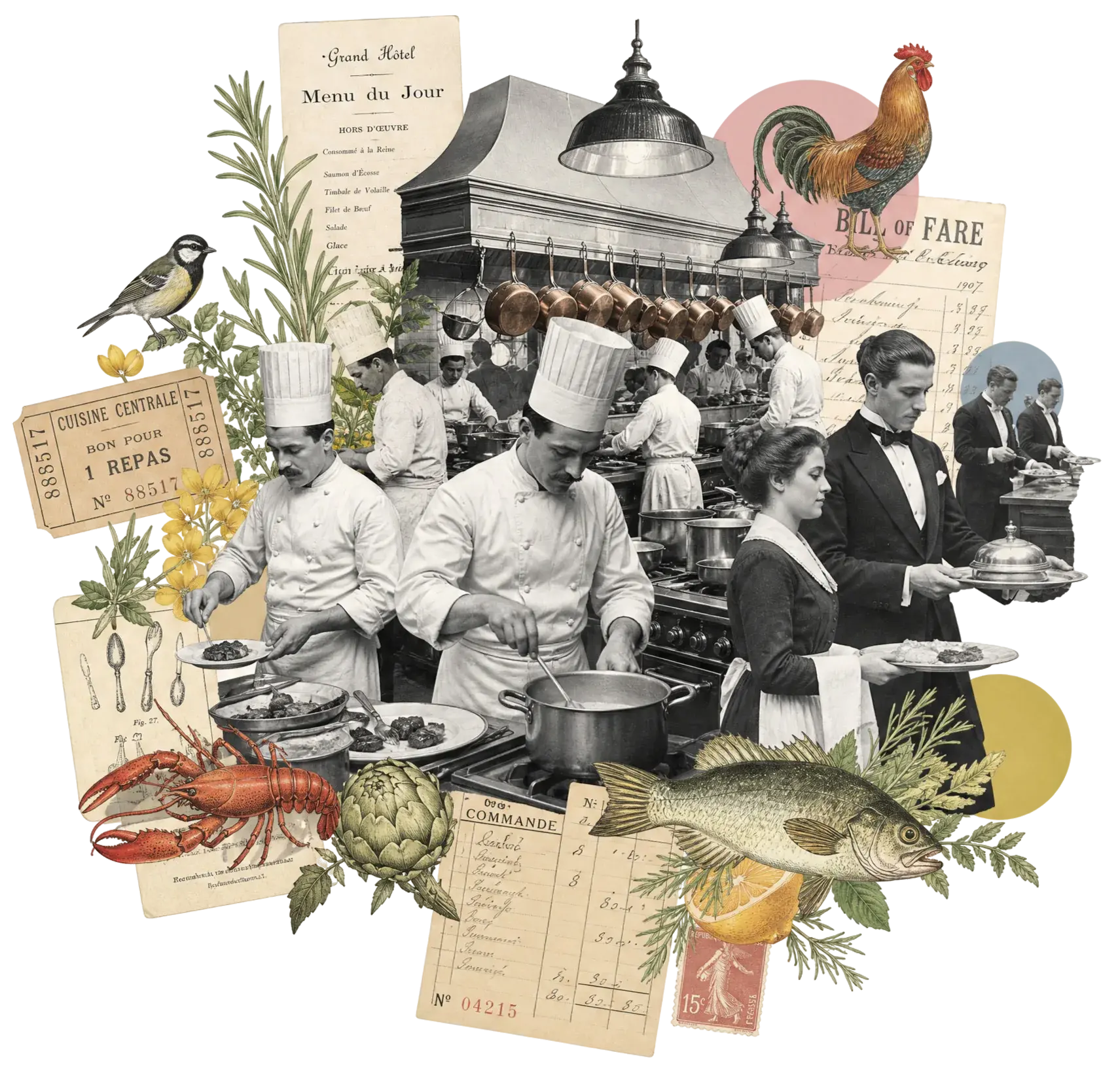 Collage de época: la brigada de una cocina de hotel emplatando bajo la batería de cobre, camareros saliendo con las bandejas, el menú del día, la comanda y el género del mercado