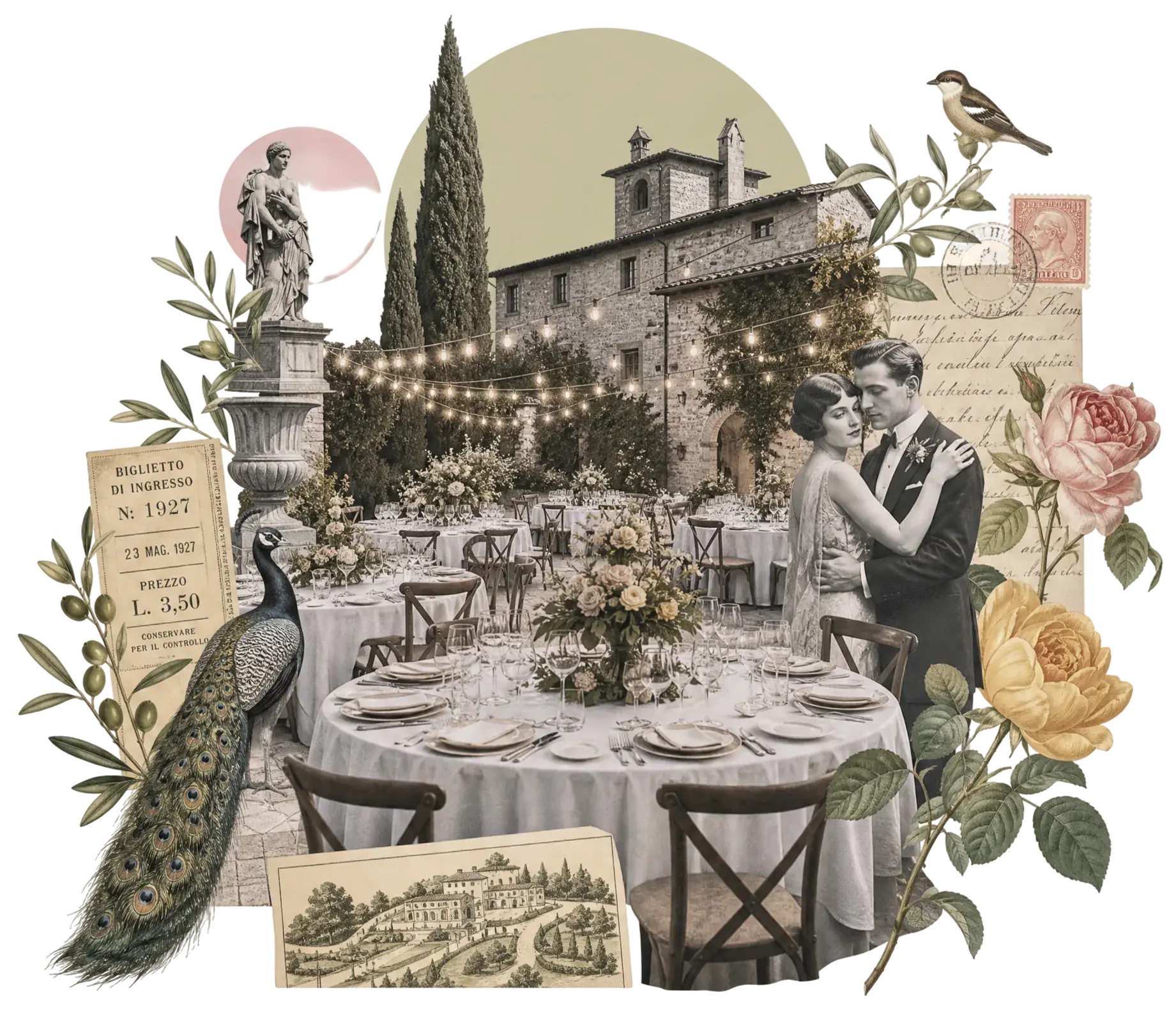 Collage de época: el patio de una masía de piedra con mesas redondas vestidas bajo guirnaldas de bombillas, una pareja de los años veinte, cipreses, un pavo real y una entrada de 1927