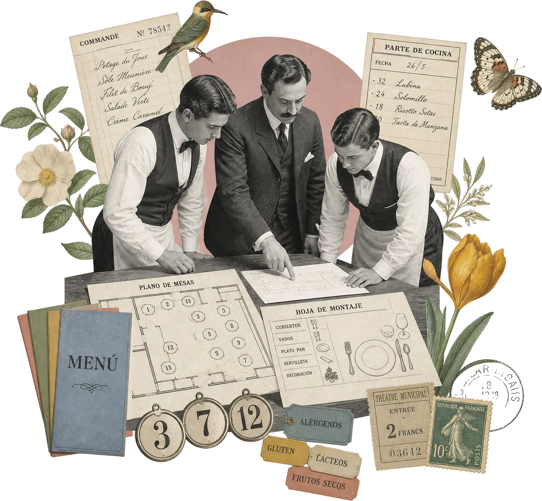 Maître y dos camareros repasando los papeles del día sobre la mesa: el parte de cocina, la hoja de montaje, el plano de mesas, la carta y las etiquetas de alérgenos.