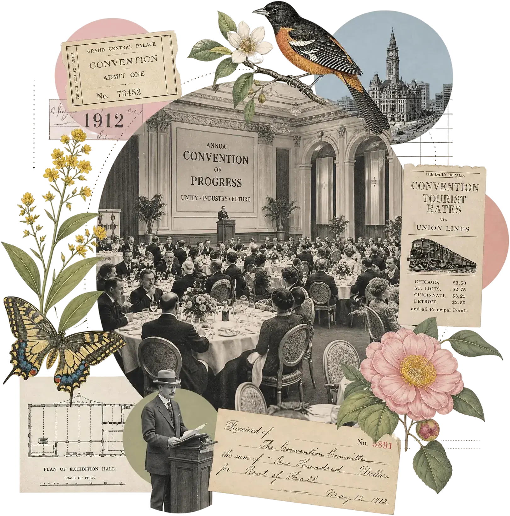 Collage de época: un salón lleno de mesas redondas durante una convención de 1912, con el orador en la tribuna, una entrada, un plano de la sala y una tarifa de tren para los congresistas