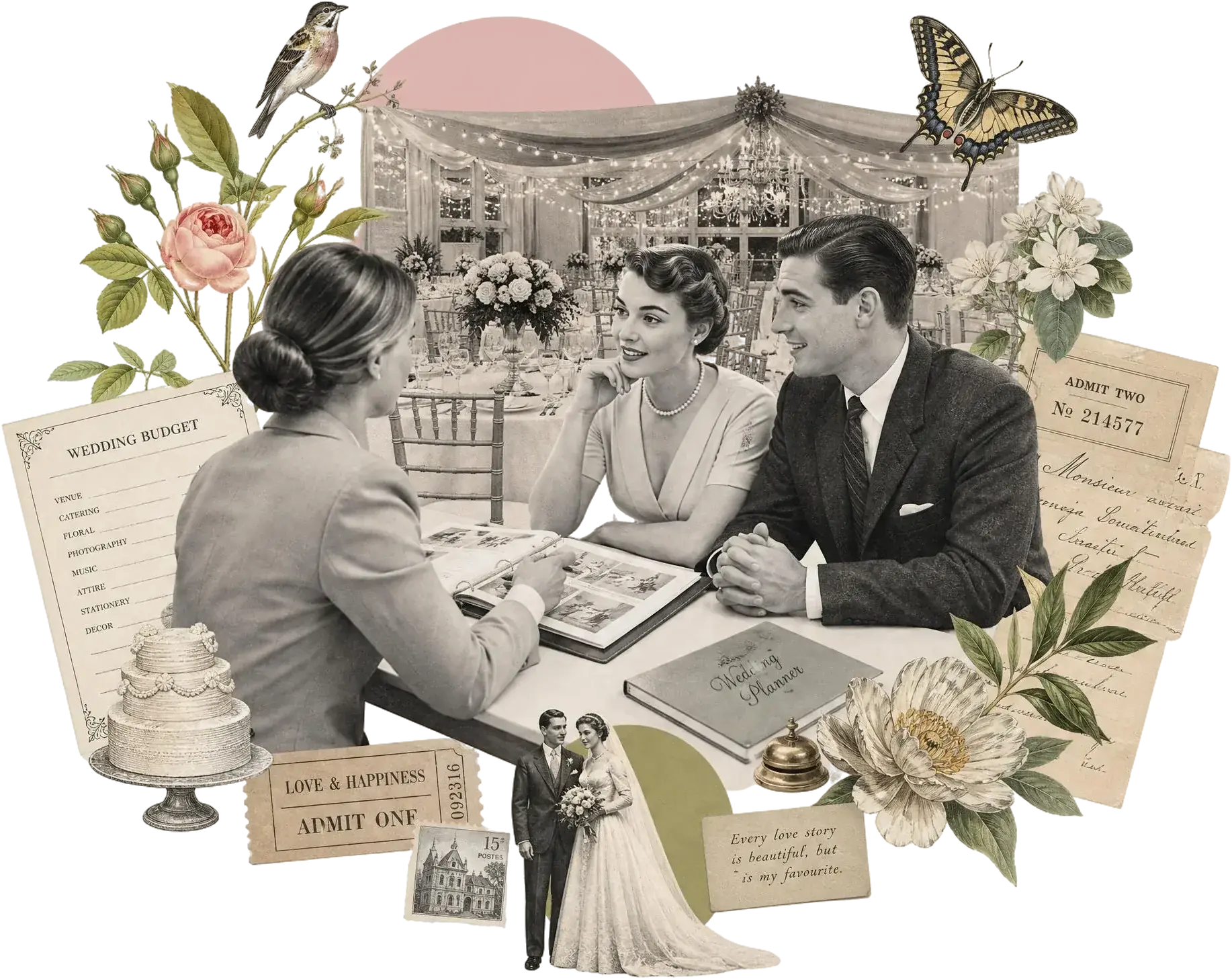 Collage de época: una wedding planner repasa un álbum con una pareja, con la hoja de presupuesto de la boda, la tarta, el cuaderno de organización y el salón montado al fondo